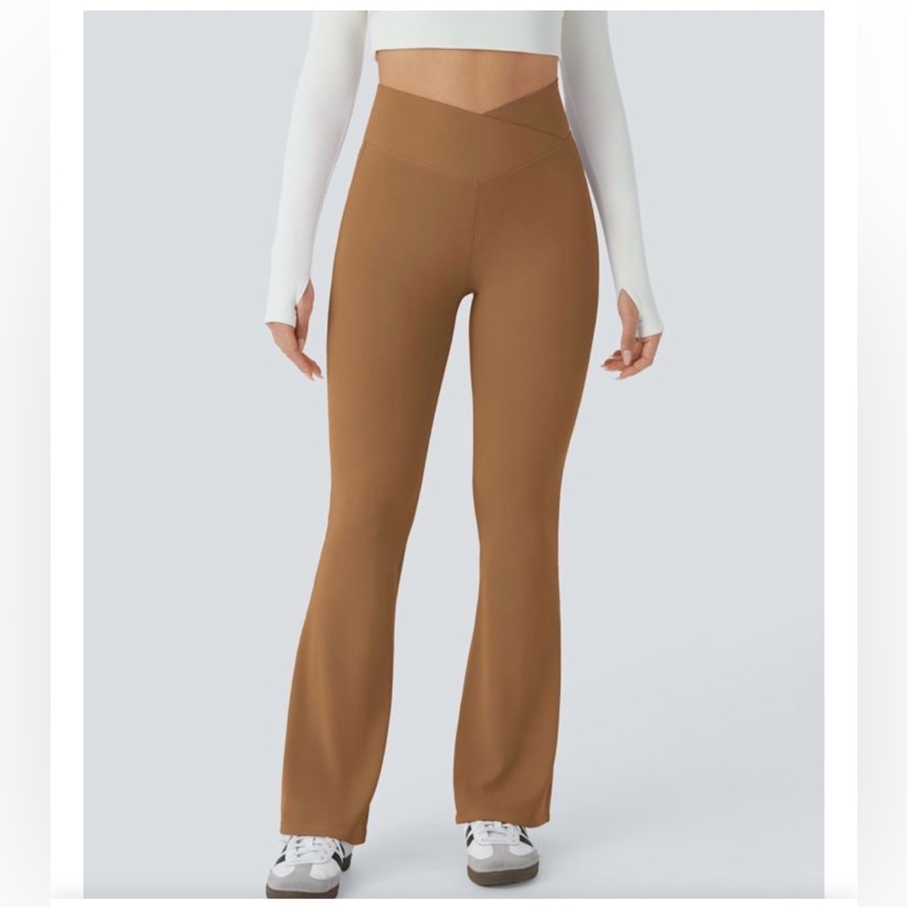 Halara Crossover High Waisted Pocket Waffle Women Smart Casual Flare Pants
